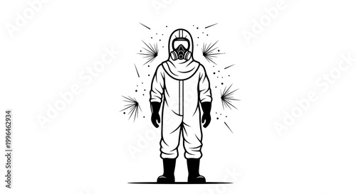 hazmat suit illustration person in protective suit with gas mask surrounded by biohazard for health safety and contamination.