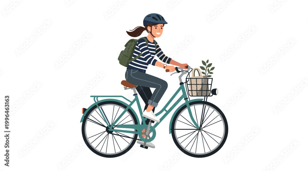 Fototapeta premium Woman riding bicycle with backpack and basket