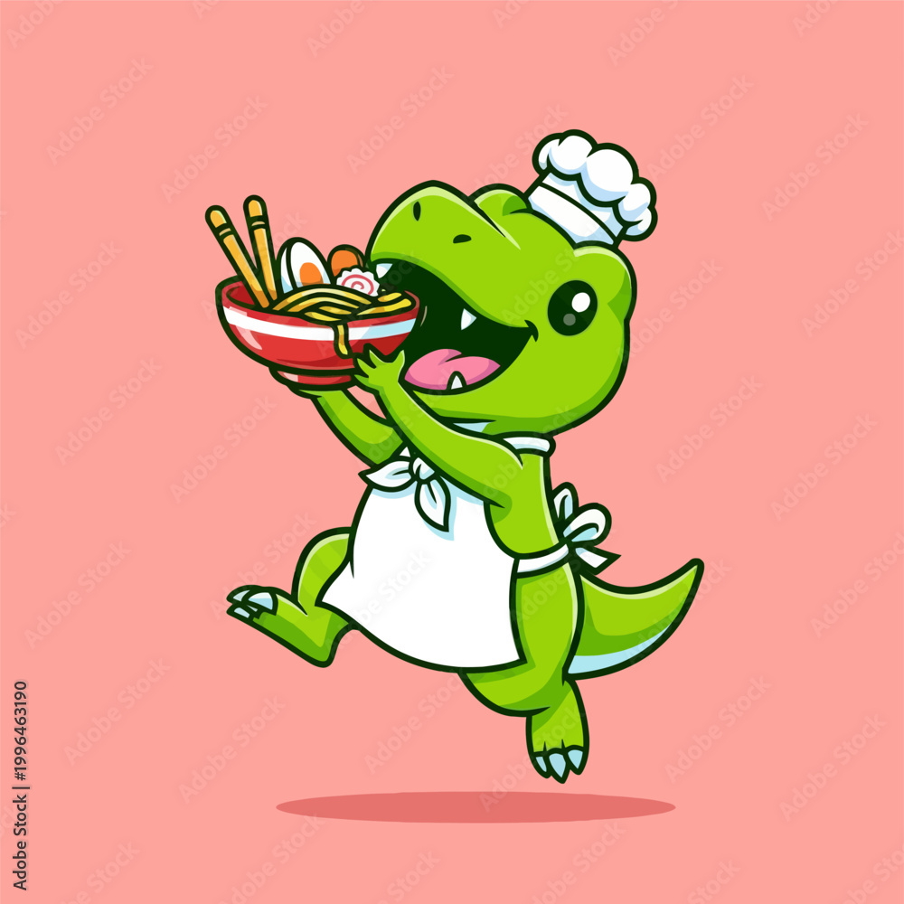 Obraz premium Cute Cartoon Dinosaur Chef Serving Delicious Ramen Noodles.