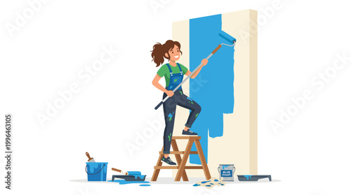 Woman painting a wall with blue paint on a ladder