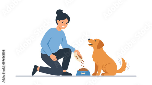 Woman feeding a golden retriever dog a bowl of food