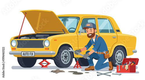 Bearded mechanic fixing a yellow car with tools and toolbox