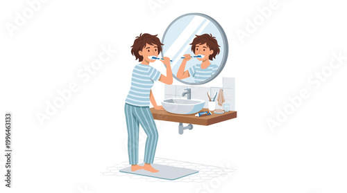 Person brushing teeth in a bathroom with mirror reflection