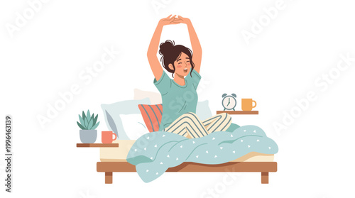 Woman stretching happily in bed in the morning
