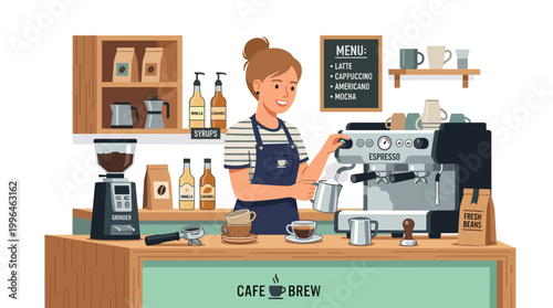 Barista preparing coffee at espresso machine in cafe