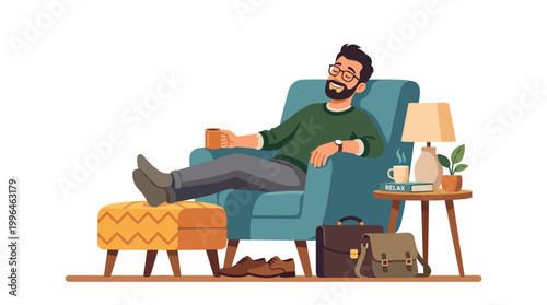 Man relaxing in armchair with coffee and books after work