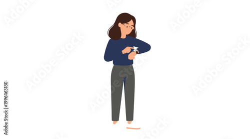 Woman checking time on wristwatch, pointing finger