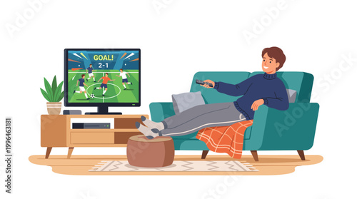 Man relaxing on couch watching soccer game on television