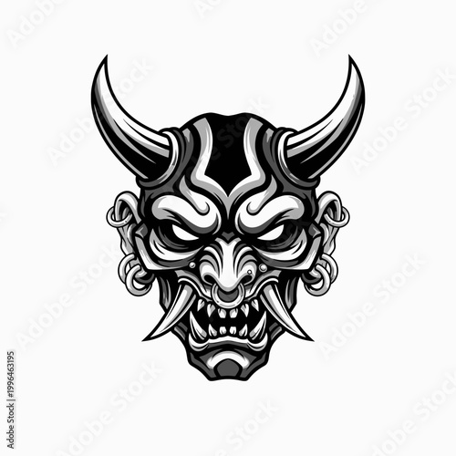 Japanese Hannya Mask Traditional Oni Demon Head Tattoo Design.
