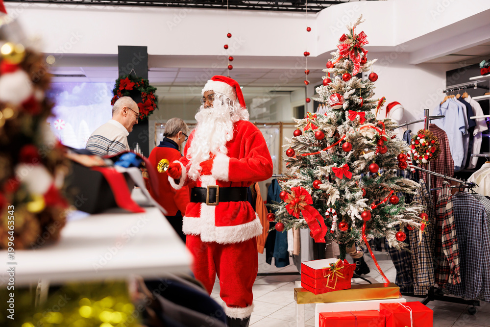 Naklejka premium Employee Santa Claus in Christmas themed store, jingling xmas bells to attract customers in shopping center. Retail assistant dressed in festive costume greeting clients in decorated fashion boutique