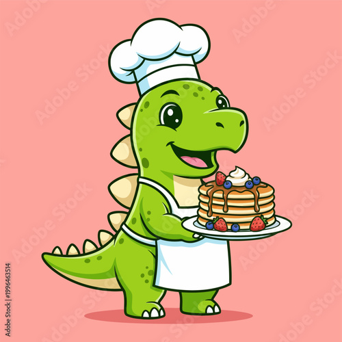 Tableau sur toile Cute Cartoon Dinosaur Chef Holding Delicious Pancakes.