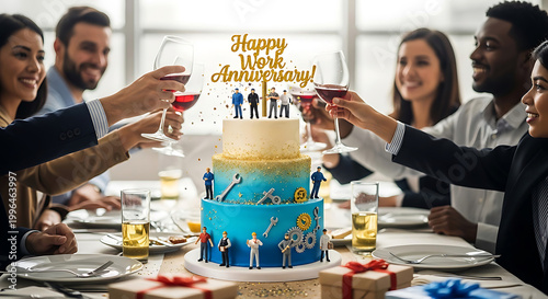 People celebrating work anniversary with tiered cake and wine toast celebration