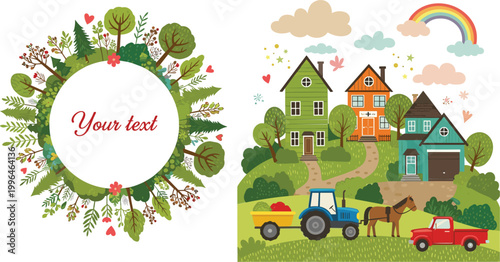 Illustration of a Cozy Countryside with Colorful Houses, a Tractor, and a Horse, Surrounded by Lush Greenery and a Customizable Text Frame
