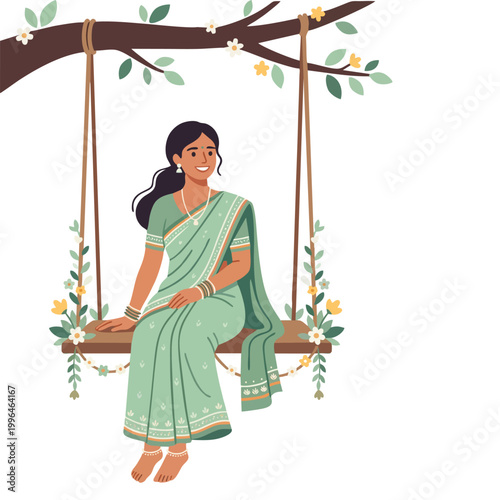 Beautiful young Indian woman in traditional saree smiling happily on a swing outdoors.