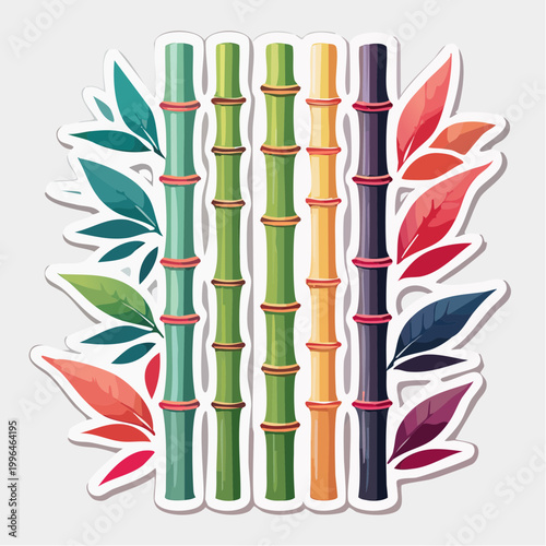 Colorful Bamboo Stalks with Leaves Sticker Design