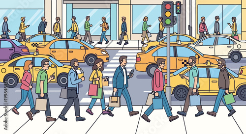 People walking across city street corner.