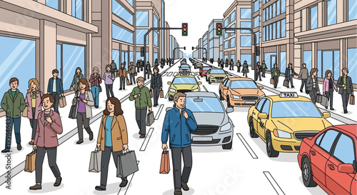 People walking on city street sidewalk.