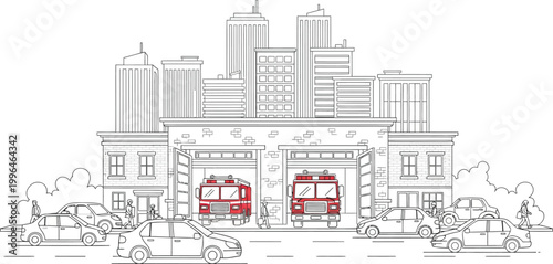 Fire Trucks Parked in Front Building.