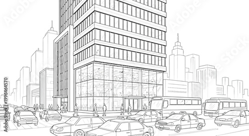 Modern office building with busy street.