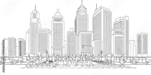 City skyline with tall buildings.