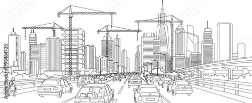 City Street with Cars and Cranes.