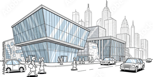 Modern glass office building exterior.