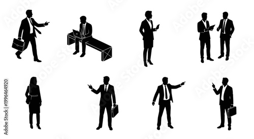 business people silhouettes showcasing professional communication teamwork and daily office activities in various corporate scenarios.