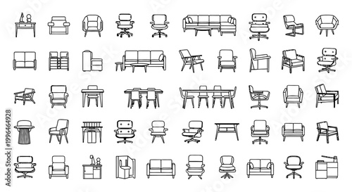 collection of modern furniture line icons for interior design and floor plans