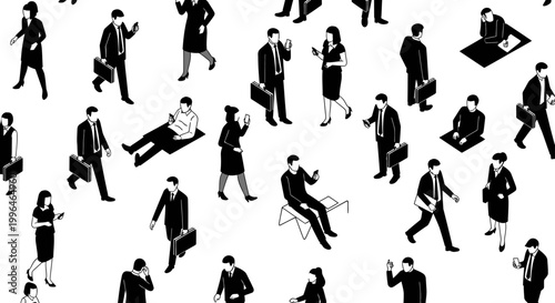 isometric black silhouette people in business attire using smartphones