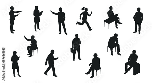 isometric vector set of black silhouettes of diverse people in various business and casual activities.