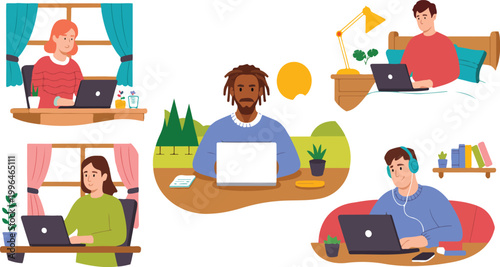 Diverse People Working Remotely from Home Work From Home Concept Flat Vector Illustration