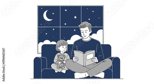 Father reading a bedtime story to his daughter on a sofa at night