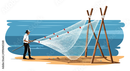 A fisherman prepares a traditional fishing net on a beach in this vector illustration.