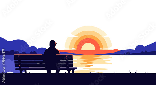 Person sitting on a bench enjoying a peaceful sunset view over the lake.