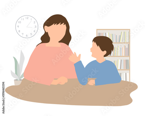 母親に話しかける小学生の男の子のイラスト