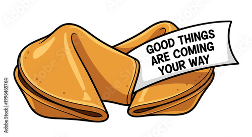 Cartoon fortune cookie with good luck message.