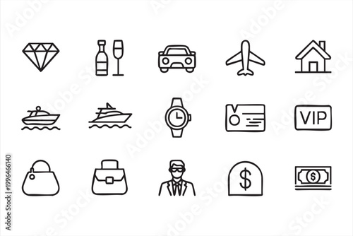 Luxury Lifestyle Icons, VIP Access, Travel, Wealth and Premium Symbols