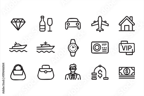 VIP and Luxury Icons, Premium Travel, Diamond, Yacht and Wealth Elements