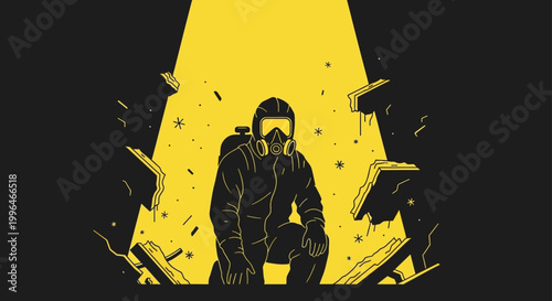 hazmat suit worker kneeling in a dark debris-filled disaster zone under a spotlight depicting emergency and hazardous materials search and rescue.