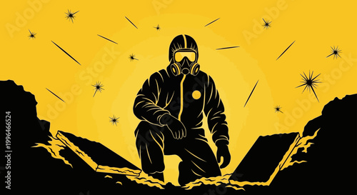 hazmat suit worker kneels amidst a disaster zone investigating contamination and emergency illustrating environmental risk and biohazard caution