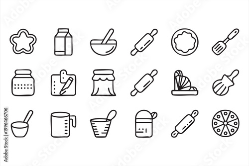 Baking Kitchen Icons, Cooking Tools, Rolling Pin and Dessert Ingredients