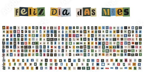 Alfabeto de letras recortadas estilo revista para cartão de dia das mães artesanal e colagem