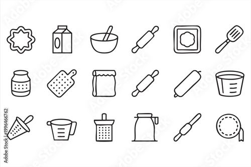 Kitchen Baking Icons, Cooking Tools, Flour, Dough and Dessert Elements