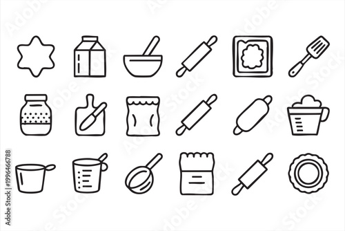 Baking and Cooking Icons, Kitchen Tools, Pastry Making and Ingredients