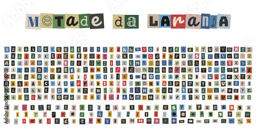 Alfabeto de recorte de revista estilo carta de resgate com frase metade da laranja e simbolos