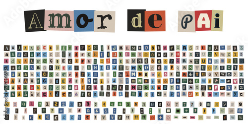 Alfabeto de letras recortadas estilo colagem para cartao de dia dos pais amor de pai