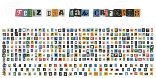 Alfabeto de colagem estilo recorte de revista para Feliz Dia das Crianças e projetos escolares.