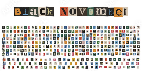 Alfabeto de recortes estilo nota de resgate para marketing de Black November e ofertas criativas