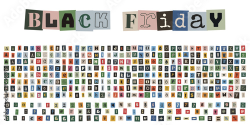 Alfabeto estilo nota de resgate e colagem para marketing criativo de Black Friday