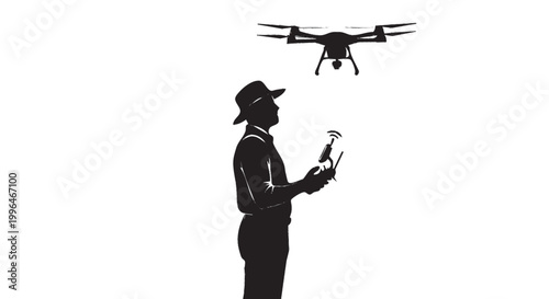 Farmer operating agricultural drone remote control silhouette, precision farming agtech vector isolated on white background